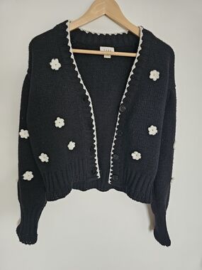 Black Cropped Cardigan White Floral Patches Size S Feminine Boho Chic